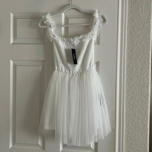 Lulu’s Princessa White Smocked Tulle Off-the-Shoulder Skater Dress